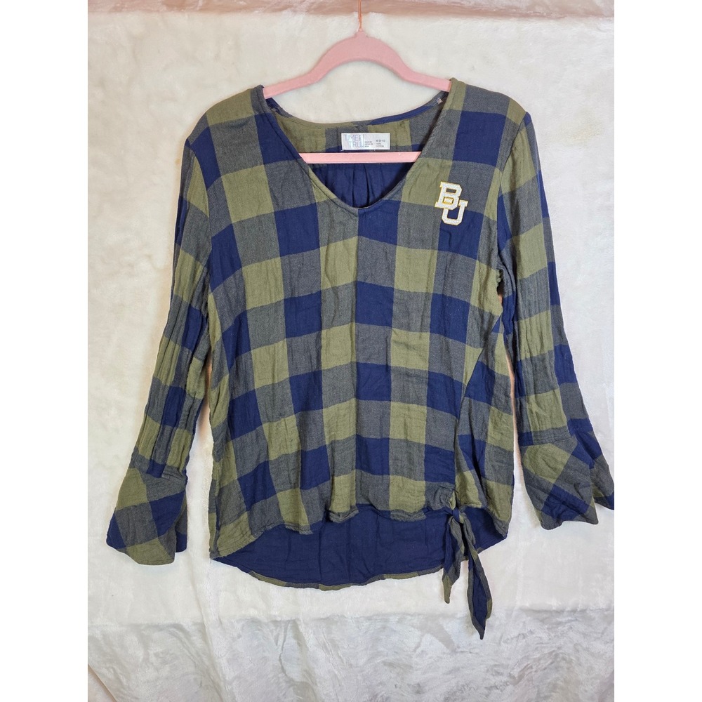 Time and Tru Custom Womens Baylor University BU Plaid Side Tie Bell Sleeve‎ Top